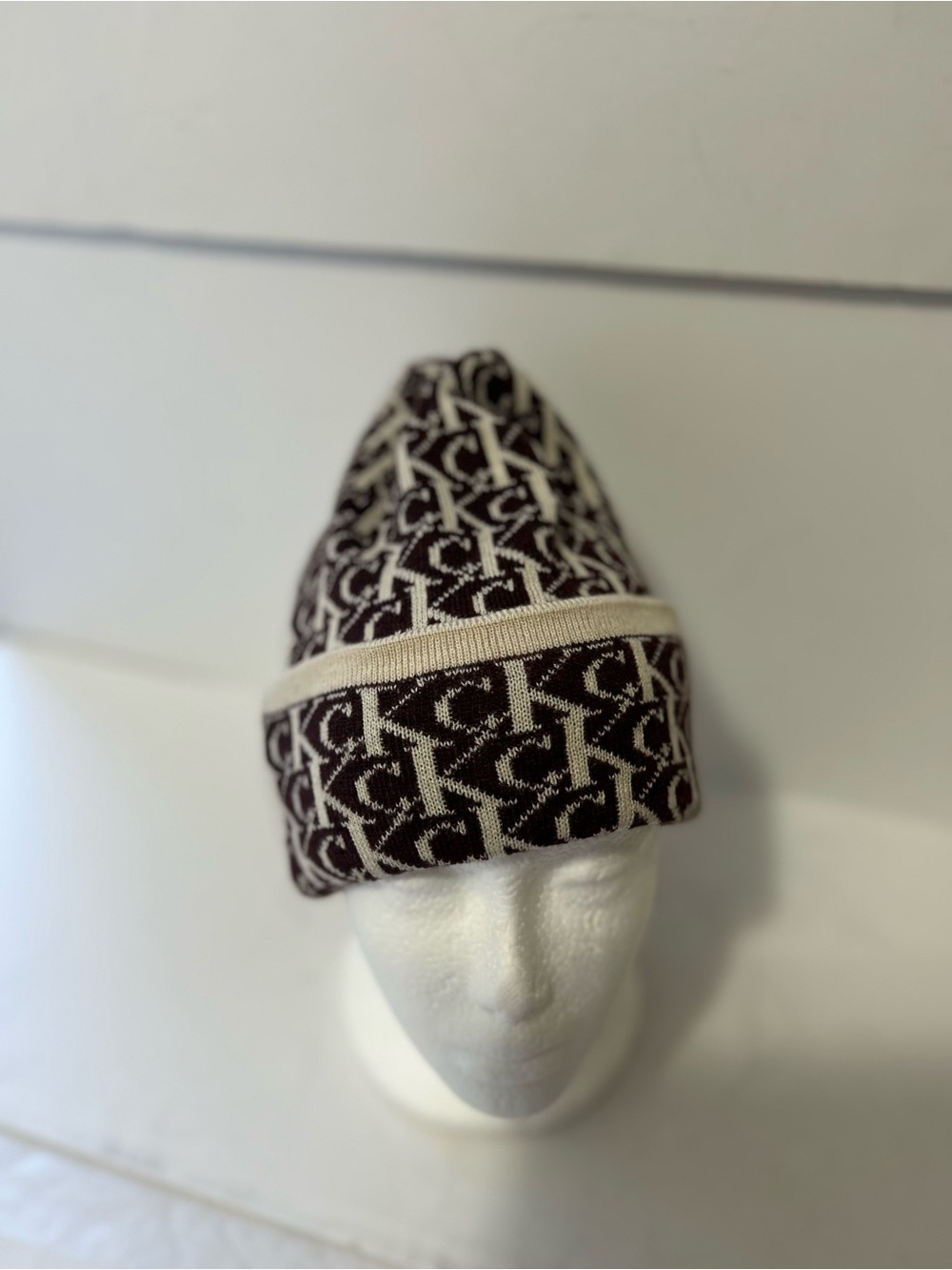 Calvin Klein Monogram Cuffed Beanie in Brown and Cream